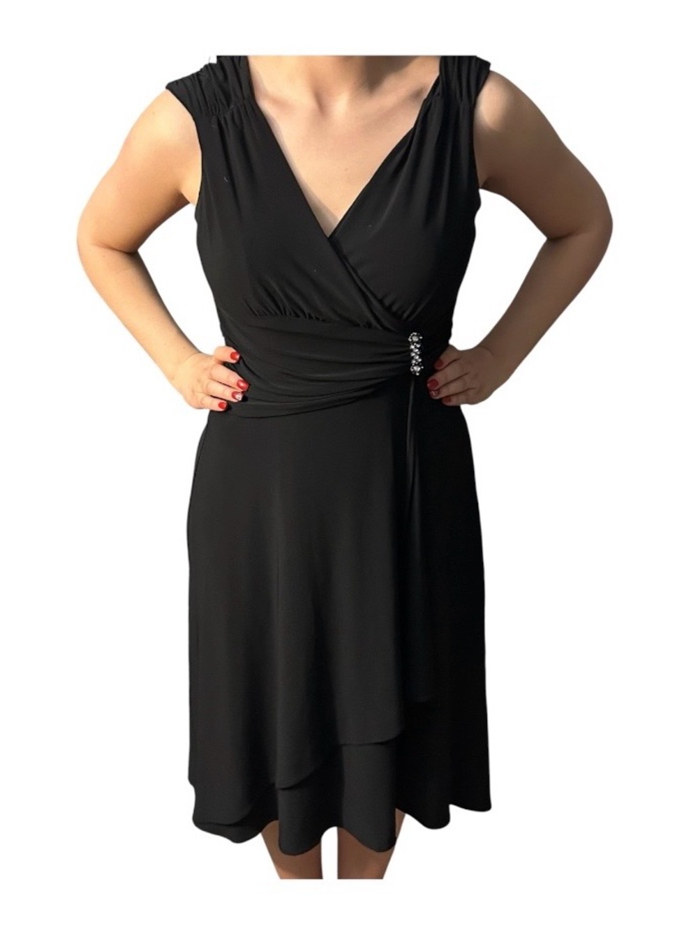 dressbarn Black V-Neck Wrap Midi Dress with Rhinestone Accent